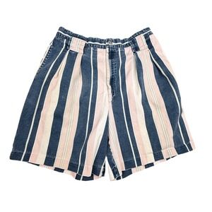 Vintage 90's Essentials Sport Jean Shorts Women 14 28" Blue Pink Striped Pleated